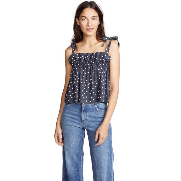 DL1961 Dennet Tie-Strap Polka-Dot Print Ruffled Cropped Tank Top Size Medium - Picture 1 of 11